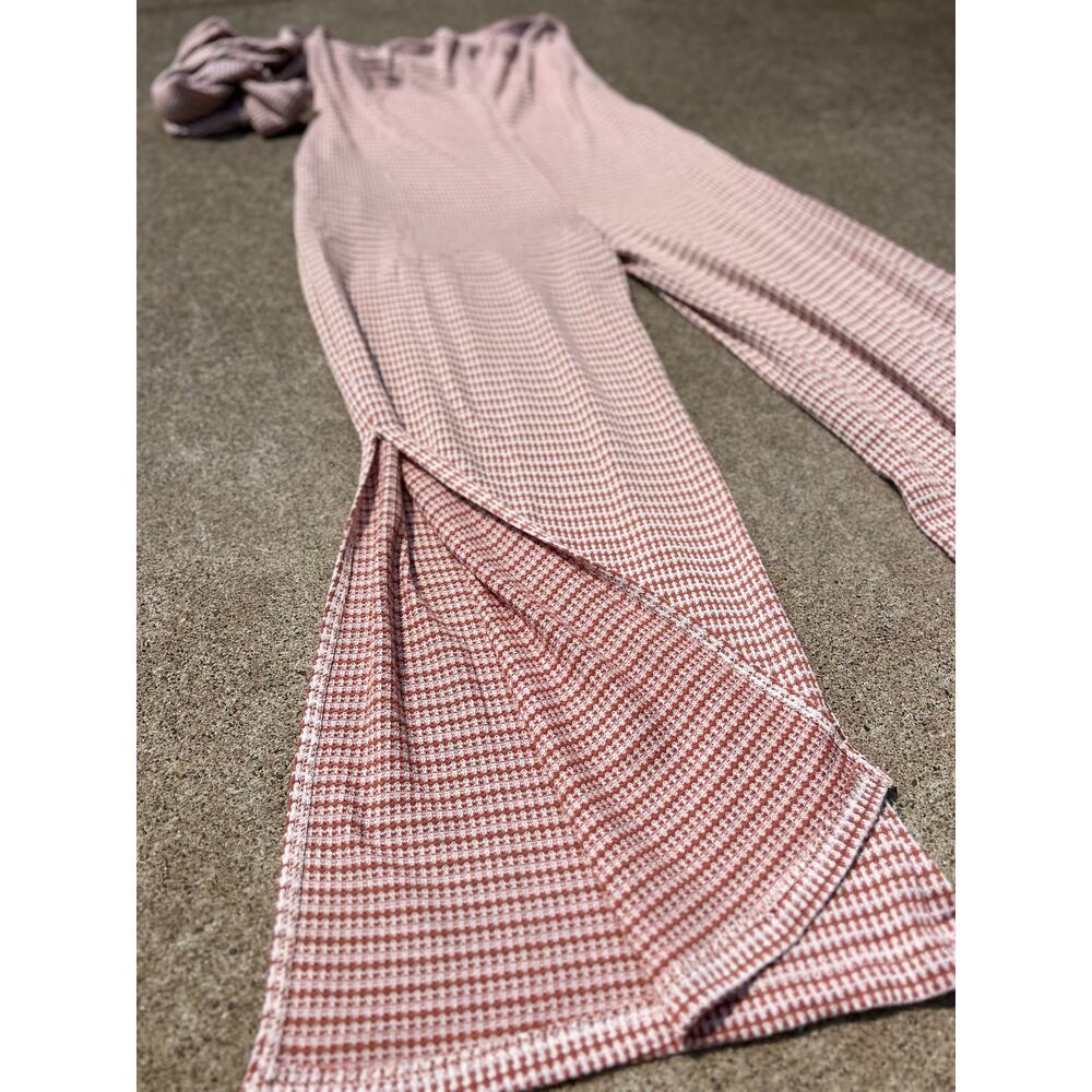 Endless Blu Plaid Jumpsuit S Wide Leg Sleeveless Tie Waist Red White Casual Boho - Picture 2 of 5